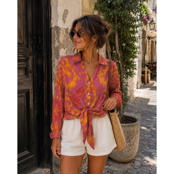 Christian Siriano Tops - Christian Siriano Top Linen Blend V Neck Button Down Long Sleeve Womens Small